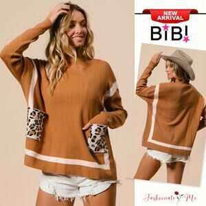 BiBi Mock Neck Leopard Print Front Pockets Long Sleeves Pullover Sweater | Camel